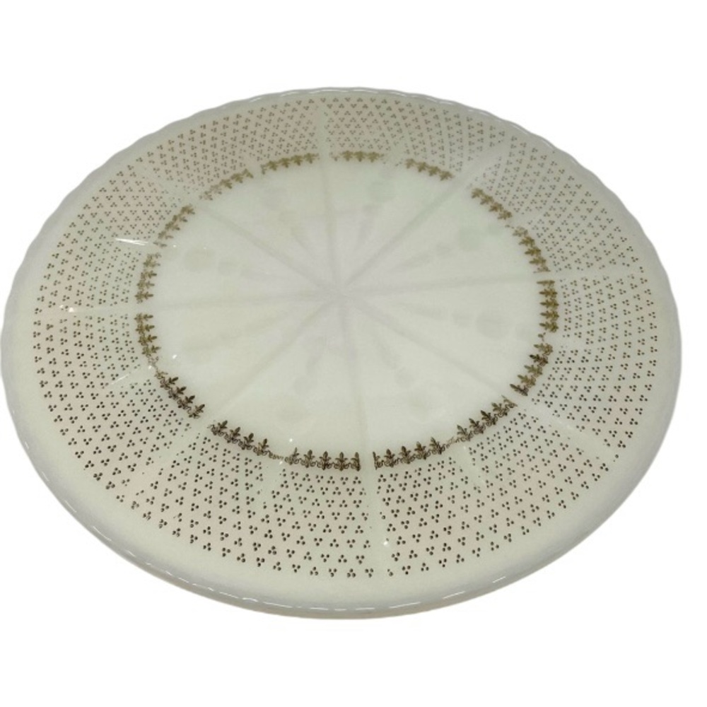 Vintage Anchor Hocking Milk Glass Pedestal Cake Stand Gold Foil Fleur-De-Lis